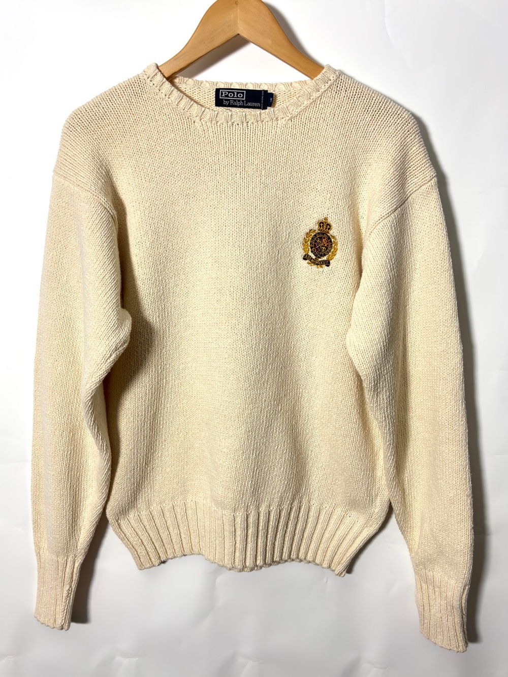 Vintage 90’s Polo Ralph Lauren Chunky Knit Collegiate Crest Sweater Medium